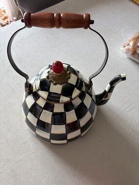 Mackenzie Childs Checkered Ceramic Teapot with Wooden Handle